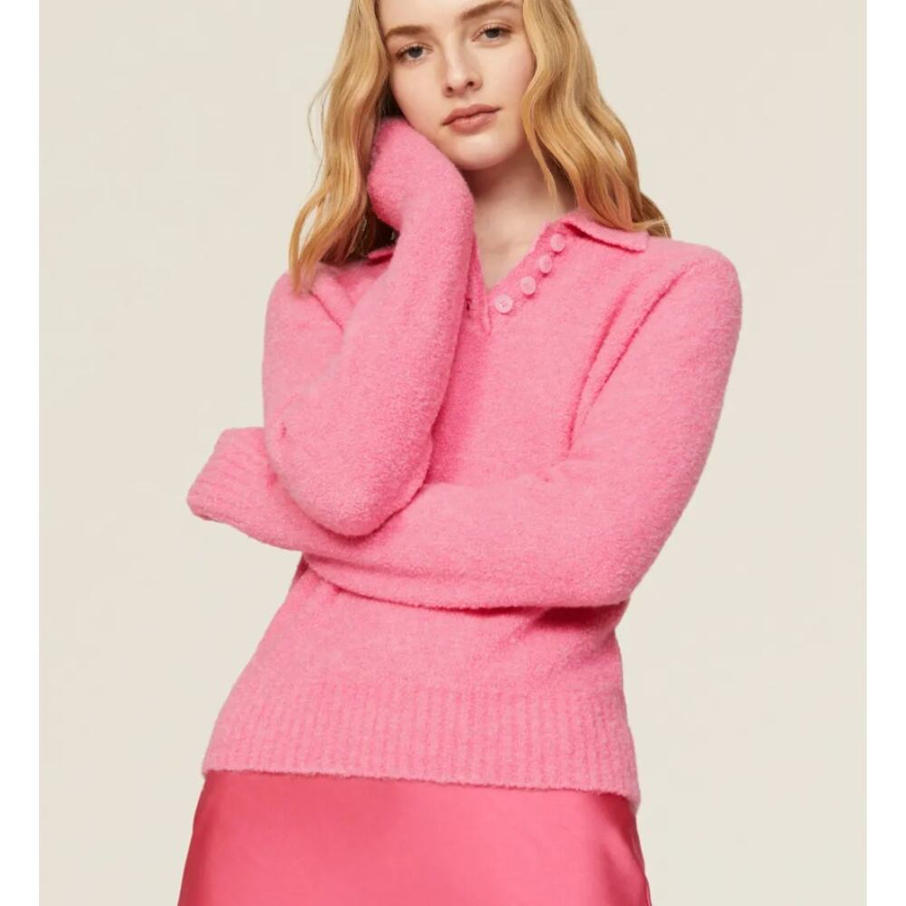 Samsoe Sweater Jessi Polo Long Sleeve in Barbie Pink Boucle Knit Size Small S